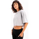 Justever 100% Pamuk Crop Bisiklet Yaka Gri Kadın T-Shirt - Maia