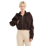 JUSTEVER Crop Kapüşonlu Fermuarlı Kanguru Cepli Şardonlu Hoodie Siyah Kadın Sweatshirt - Lumen, Acı Kahve, L