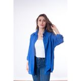 Justime Kadın Oversize Pamuk Keten Saks Mavisi Gömlek ( 100% Flamlı )