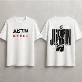 Justin Bieber Baskılı Unisex %100 Pamuklu Oversize T-Shirt - Beyaz - XL