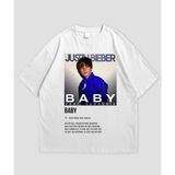 Justin Bieber Baskılı Unisex Oversize Kesim %100 Pamuk Bisiklet Yaka Siyah Tişört - Beyaz
