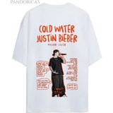 Justin Bieber Serisi Cold Water Şarkı Sözü Lyrics Yazılı Sırt Baskılı Pamuklu Unisex Tişört - Beyaz