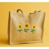 Jüt Atölye Ayçiçeği Nakışlı Naturel Jüt Omuz Çantası Plaj Deniz Hasır Tote Bag - 35x30 - Bej
