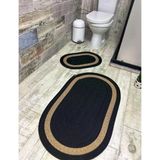 Jüt Hasır 2Li Banyo Seti Paspas Takımı-Siyah Ortası Bej