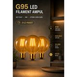 JUTUAL DEKOR 3'lü Rustik LED Kırılmaz Ampul G95 Glop E27 4W 2700K Sıcak Işık Gold Filament Dekoratif Dimmerli
