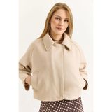 Juuuj Bej Kaşe Kumaş Geniş Yaka Reglan Kollu Crop Form Düğmeli ve Cepli Ceket - S