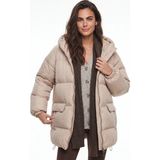 Juuuj Bej Polyester Kumaş Kapüşonlu Yarasa Kol Oversize Kesim Fermuarlı Cepli Şişme Mont - Standart