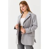 Juuuj Gri Dokuma Kumaş Klasik Yaka Oversize Çift Düğmeli Kapaklı Cep Detaylı Blazer Ceket - XL - Beyaz