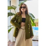 Juuuj Haki Polyester Kumaş Kruvaze Kapama Oversize Astarlı Uzun Kollu Blazer Ceket