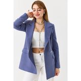 Juuuj Indigo Dokuma Kumaş Kruvaze Yaka Uzun Kollu Çift Düğmeli Kapaklı Cep Detaylı Blazer Ceket - XS