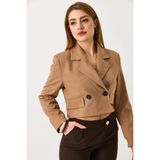Juuuj Kahverengi Astarlı Kruvaze Yaka Regular Kesim Farklı Düğme Detaylı Crop Ceket - Camel