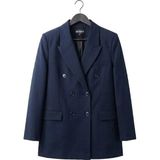 Juuuj Lacivert Dokuma Kumaş Kruvaze Yaka Uzun Kollu Oversize Dört Düğmeli Kapaklı Cepli Blazer Ceket - XS