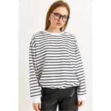 Juuuj Siyah Esnek Örme Kumaş Bisiklet Yaka Düşük Omuz Rahat Kesim Yatay Çizgili Sweatshirt