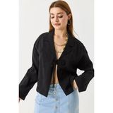 Juuuj Siyah Ince Dokulu Uzun Kollu Rahat Kesim Önden Bağlama Detaylı Yazlık Crop Ceket - XL