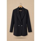 Juuuj Siyah Kruvaze Yaka Uzun Kollu Pratik Kesim Çift Düğmeli Mevsimlik Blazer Ceket - XS