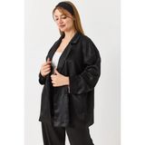 Juuuj Siyah Saten Dokulu Kruvaze Yaka Oversize Düğme Detaylı Uzun Kollu Rahat Kesim Blazer Ceket