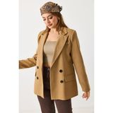 Juuuj Sütlü Kahve Dokuma Kumaş Kruvaze Yaka Uzun Kollu Dört Düğmeli Kapaklı Cepli Blazer Ceket - Camel