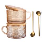 JVJRFQ Vintage Cam Kahve Kupaları 2'li Kehribar Seti, Bambu Kapaklı ve Kaşıklı Kabartmalı Çay Bardakları, 14 Oz Cam Kahvaltı Bardakları, Cappccino, Latte, Yoğurt, Tatlı, Kahvaltı, Anneler Günü
