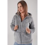 K KOZZ STYLE Gri Kapşonlu Peluş Ceket Hırka