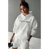 K KOZZ STYLE Kadın Oversize Sweatshirt Hoodie BALANCE Baskılı Beyaz– Kapüşonlu, Kanguru Cep, 3 İplik Şardonlu