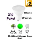 K2 7W GU10 LED Ampul Yeşil Işık 630 Lümen Spot Ampul 220 Volt - 3 Adet