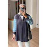 Ka Hijab Kolları Kot Detaylı Triko Tesettür Hırka - Füme