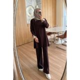 Ka Hijab Kolu Tüllü Merserize Tesettür Takım - Kahverengi