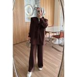 Ka Hijab Omuz Atkılı 3'lü Tesettür Takım - Kahverengi