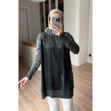 Ka Hijab Yan Fermuarlı Desenli Boğazlı Merserize Tesettür Tunik - Haki