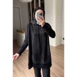 Ka Hijab Yan Fermuarlı Desenli Boğazlı Merserize Tesettür Tunik - Siyah