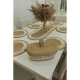 Kaan Home 6’lı Supla 1 Runner 1 Kapaklı Örgü Ekmek Sepeti Seti Bej Krem Desenli Sunumluk - 30 x 30 cm - Hasır - Krem