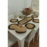 Kaan Home 6’lı Supla 1 Runner 1 Kapaklı Örgü Ekmek Sepeti Seti Bej Krem Desenli Sunumluk - 30 x 30 cm - Hasır - Siyah