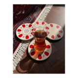 KAAZ DESIGN Acem 4'lü Bardak Altlığı Seti Geleneksel Türk Çay Tabağı Desenli Kırmızı 10 cm
