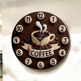 Kabartma Görünümlü Kahve Coffee Renkli Baskı Desenli Sayılı Hediyelik Ahşap Sessiz Duvar Saati 45CM