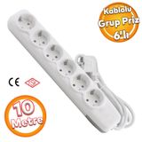 Kablolu 6'Li Toprakli Grup Priz Fis Cogaltici 10 Metre Coklu Asmali Uzatma Kablosu Anahtarsiz