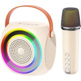 Kablosuz Bluetooth Hoparlör ve Karaoke Mikrofon F42 – 10W Güç, Rgb Işıklı, Tf Kart & USB Destekli, Taşınabilir Ses Sistemi-(11,2 * 7,8 * 11,3cm)-Bej
