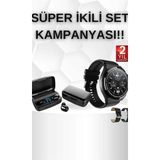 Kablosuz Bluetooth Kulaklık ve Kordon Hediyeli Akıllı Saat Nabız Ölçer Uzun Pil Ömrü - 35 - 48 mm - Siyah