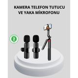 Kablosuz Çift Yaka Mikrofonu ve Tripodlu Selfie Çubuğu Içerik Üretici Seti - Çok Renkli