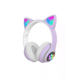 Kablosuz Kedi Kulaklık Işıklı Kulaküstü Mikrofonlu Bluetooth Hafıza Kartı Girişli Çocuk Kulaklığı (Lila)