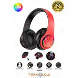 Kablosuz Kulaklık Bluetooth Mikrofonlu Kulaküstü Kulaklık LED Işıklı Katlanabilir Kırmızı