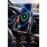 Kablosuz Şarjlı Araç Telefon Tutucu 15W, Akıllı Sensörlü Otomatik Kavrama, 360° Döner Başlık, Dikey Yatay Kullanım, Havalandırma Montajlı