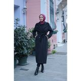 Kadeem Giyim Elzem Moskov Kaşe Kaban Kadın Kuşaklı Düğmeli Midi 7006 - Su Geçirmez Dokuma - Siyah - 38