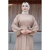 Kadeem Giyim Oversize Balon Kol Elbise-Lara Kumaş - Standart - Bej