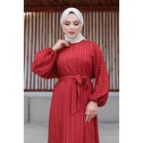 Kadeem Giyim Oversize Balon Kol Elbise-Lara Kumaş - Standart - Kiremit