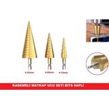 Kademeli Matkap Ucu Bits Saplı Hss 3'lü Set-Kozalak Uç Seti - Altın