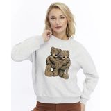 Kadife Ayıcıklar Desenli Gri Melanj Yumuşak Dokulu Regular Fit Bisiklet Yaka Kadın Sweatshirt