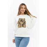 Kadife Ayıcıklar Desenli Şardonlu İçi Polarlı Ekru Regular Fit Bisiklet Yaka Kadın Sweatshirt