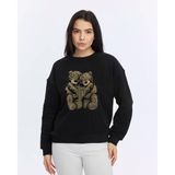 Kadife Ayıcıklar Desenli Siyah Yumuşak Dokulu Regular Fit Bisiklet Yaka Kadın Sweatshirt
