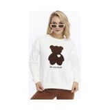 Kadife Be Yourself Desenli Ekru Yumuşak Dokulu Regular Fit Bisiklet Yaka Kadın Sweatshirt