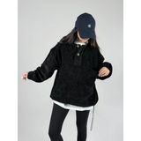 Kadife Dokulu Siyah Oversize Kapüşonlu Kadın Sweatshirt Coc1186